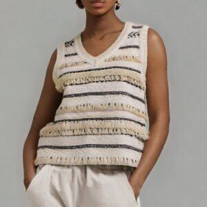 Tory Burch Cream Tiered Fringe Striped Jacquard V-Neck Cable Knit Sweater Vest
